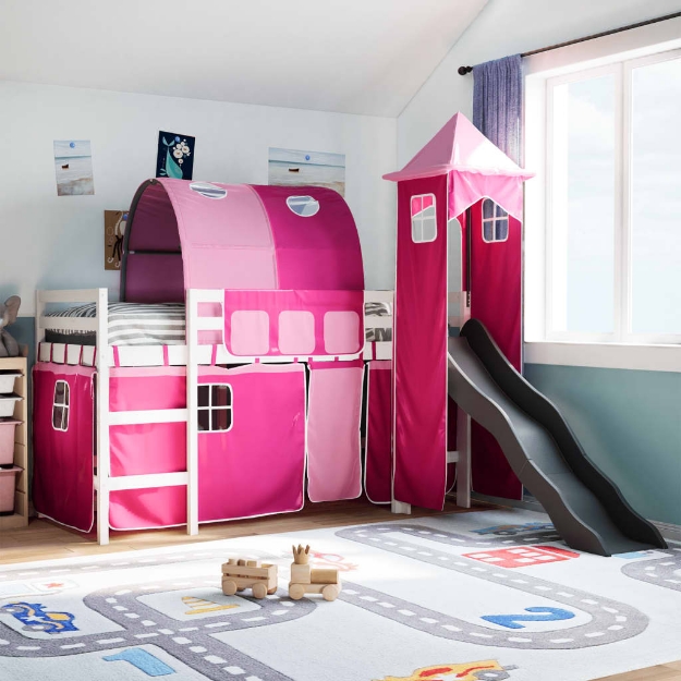 Letto a Soppalco con Torre Bambini Rosa 90x200cm Massello Pino