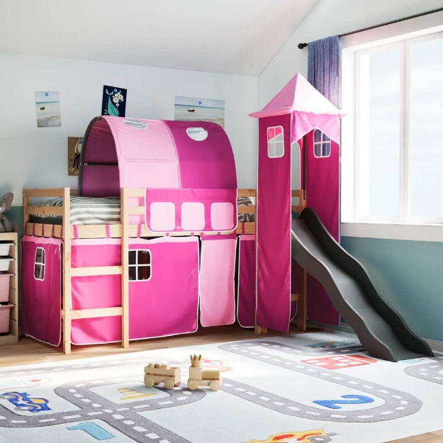 Letto a Soppalco con Torre Bambini Rosa 90x200cm Massello Pino