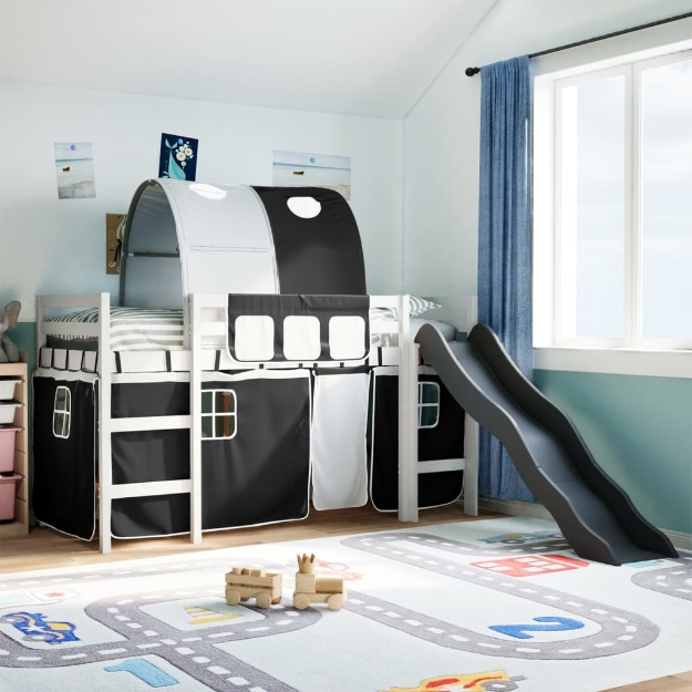 Letto a Soppalco con Tunnel Bambini Bianco e Nero 90x190cm Pino