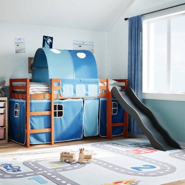 Letto a Soppalco con Tunnel Bambini Blu 80x200cm Massello Pino