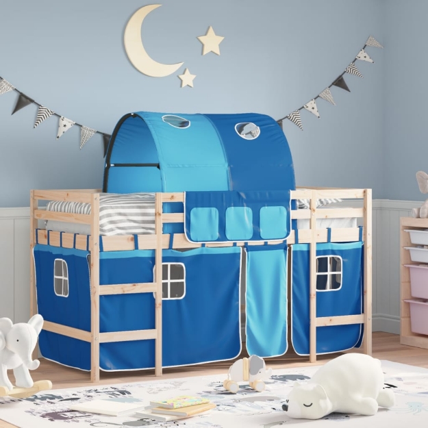 Letto a Soppalco con Tunnel Bambini Blu 90x200cm Massello Pino