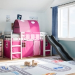 Letto a Soppalco con Tunnel Bambini Rosa 80x200cm Massello Pino