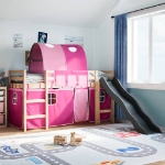 Letto a Soppalco con Tunnel Bambini Rosa 90x190cm Massello Pino