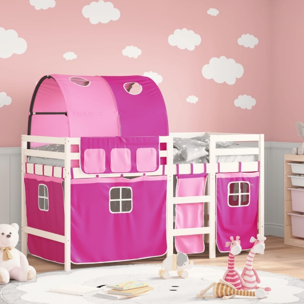 Letto a Soppalco con Tunnel Bambini Rosa 90x190cm Massello Pino