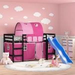 Letto a Soppalco con Tunnel Bambini Rosa 90x200cm Massello Pino