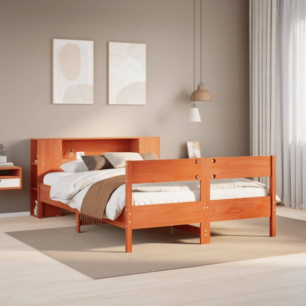 Letto Libreria senza Materasso Marrone Cera 160x200 cm in Pino