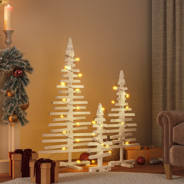 Alberi di Natale Decorativi in Legno 3pz Legno Massello di Pino