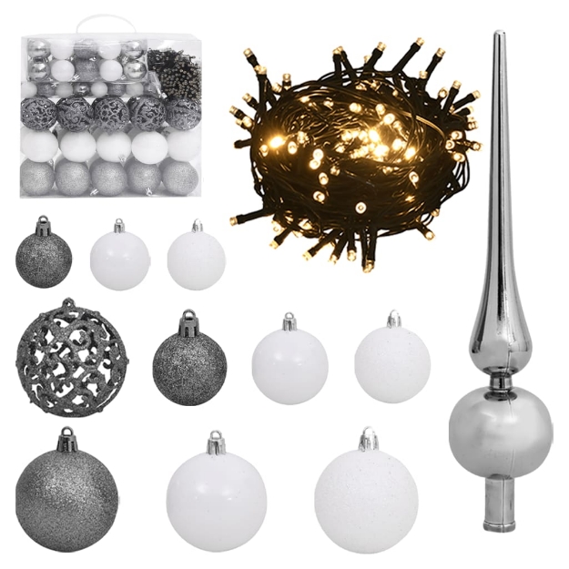 Set Natale con 120 Palline Punta e 300 Luci LED Bianco e Grigio