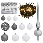 Set Natale con 61 Palline Punta e 150 Luci LED Bianco e Grigio