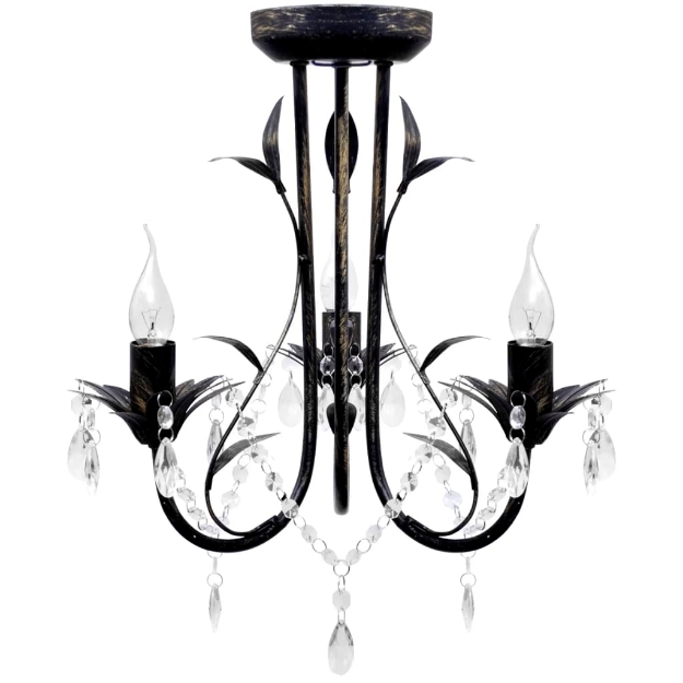 Lampadario Art Nouveau Nero Metallo Perline Cristallo e Lampadine E14