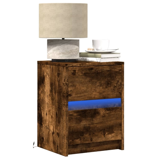 Comodino con Luci LED Rovere Fumo in Legno Multistrato