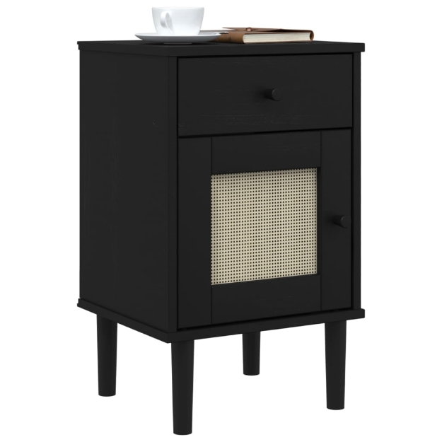 Comodino SENJA Aspetto Rattan Nero 40x35x65 cm in Legno Pino