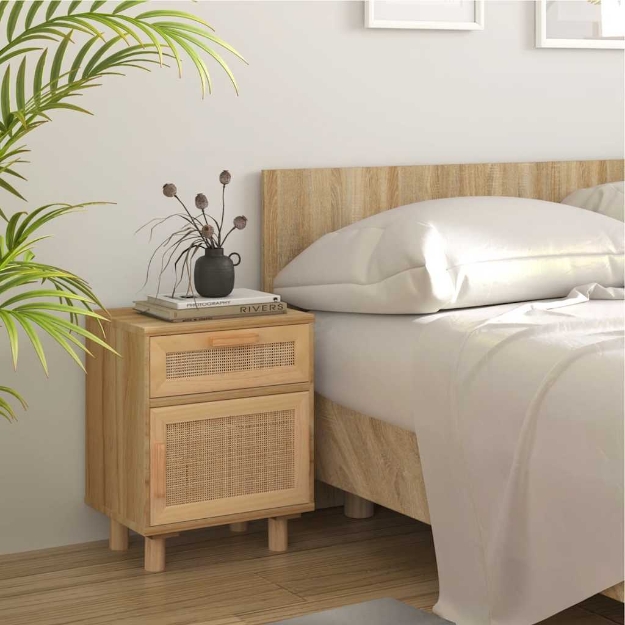 Comodini 2 pz Marroni Legno Massello di Pino e Rattan Naturale