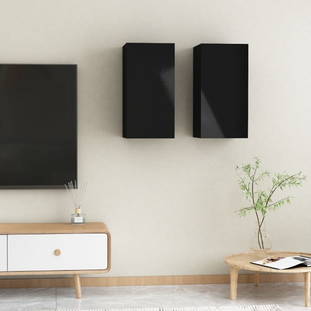 Mobili Porta TV 2pz Nero Lucido 30,5x30x60 cm Legno Multistrato