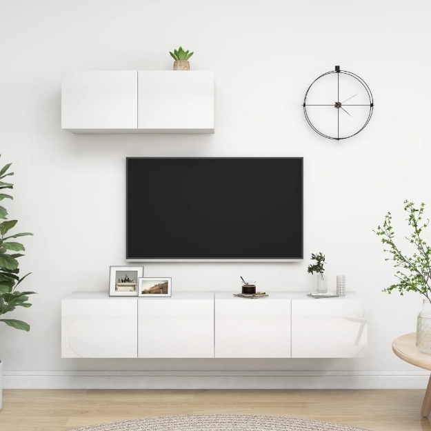 Mobili TV 3 pz Bianco Lucido in Legno Multistrato