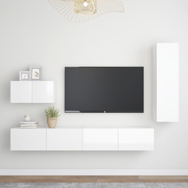 Set di Mobili Porta TV 4 pz Bianco Lucido in Legno Multistrato