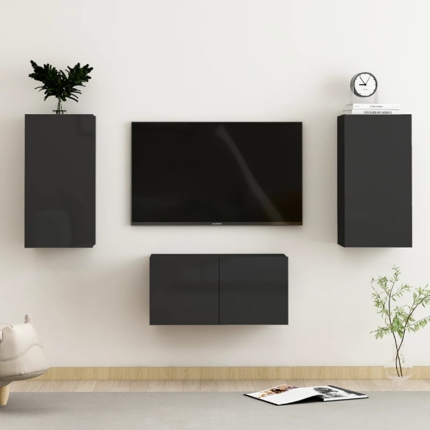 Set Mobili TV 3 pz Nero Lucido in Legno Multistrato