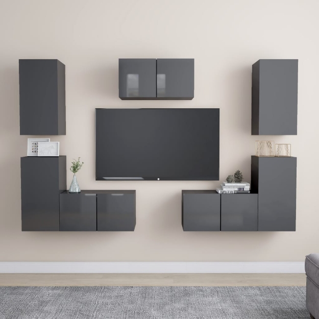 Set Mobili TV 7 pz Grigio Lucido in Legno Multistrato