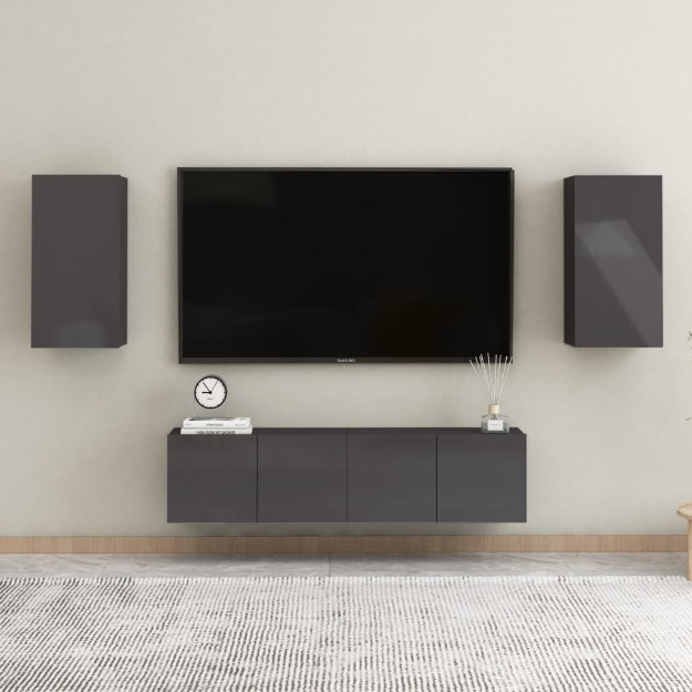 Set Mobili TV 4 pz Grigio Lucido in Legno Multistrato