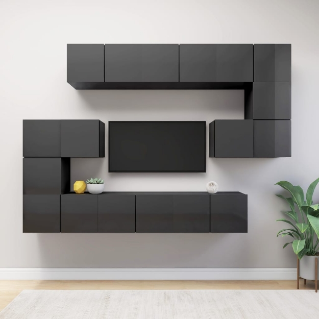 Set Mobili TV 10 pz Grigio Lucido in Legno Multistrato