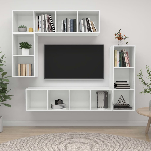 Set di Mobili Porta TV 4 pz Bianco Lucido in Legno Multistrato