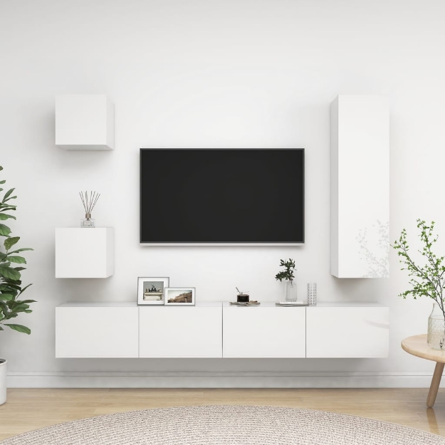 Set di Mobili Porta TV 5 pz Bianco Lucido in Legno Multistrato