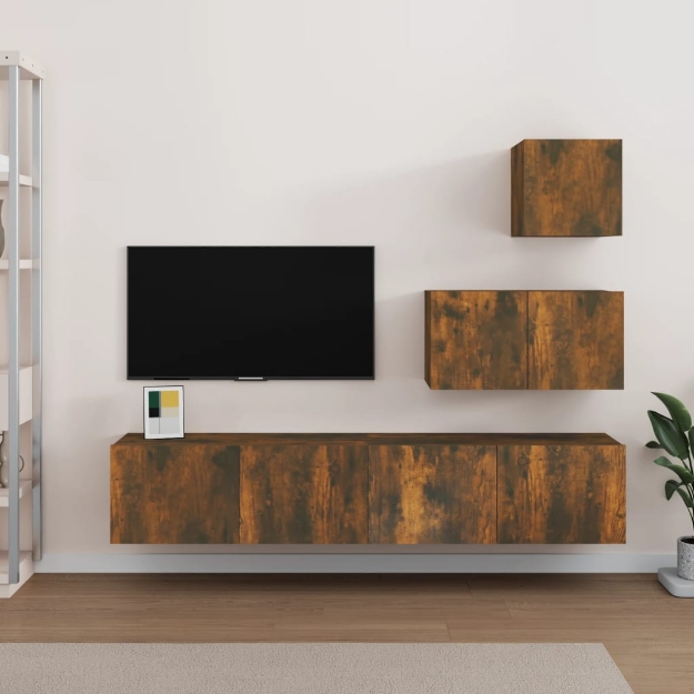 Set di Mobili Porta TV 4 pz Rovere Fumo in Legno Multistrato