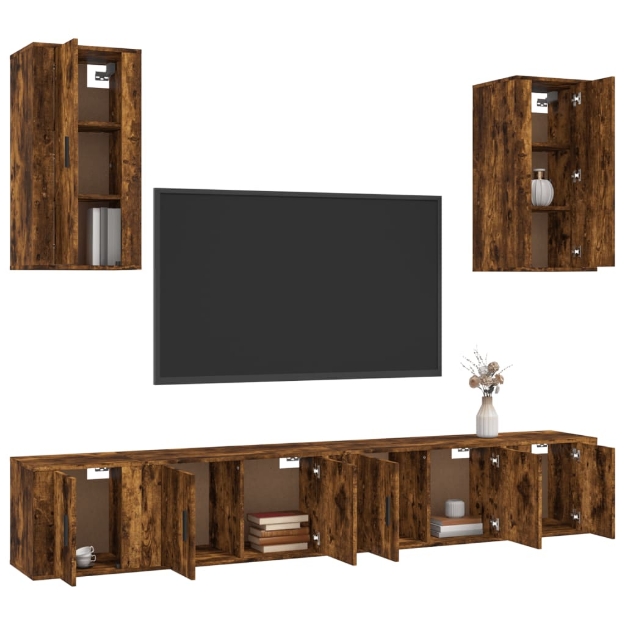 Set di Mobili Porta TV 6 pz Rovere Fumo in Legno Multistrato