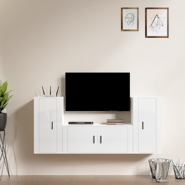 Set Mobili Porta TV 3 pz Bianco Lucido in Legno Multistrato