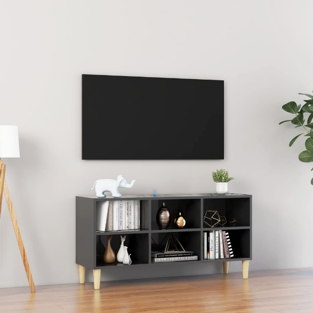 Mobile TV con Gambe Legno Massello Grigio Lucido 103,5x30x50 cm