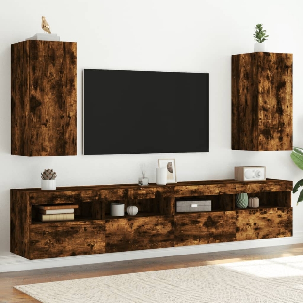 Mobili TV a Parete con Luci LED 2pz Rovere Fumo 30,5x35x70 cm