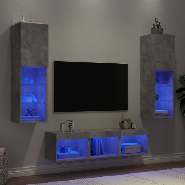 Mobili TV a Muro con LED 5pz Grigio Cemento Legno Multistrato