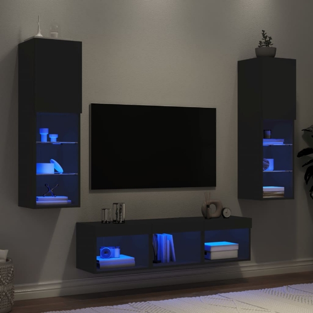 Mobili TV a Muro con LED 5pz Neri in Legno Multistrato