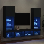 Mobili TV a Muro con LED 5pz Neri in Legno Multistrato