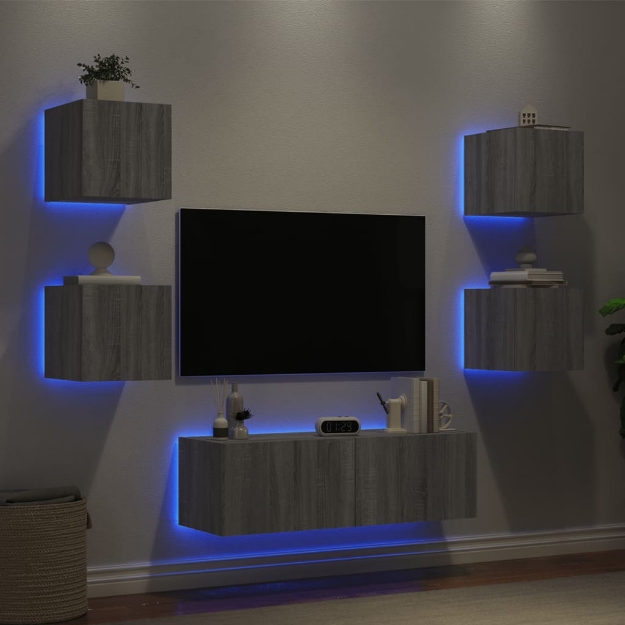 Mobili TV a Muro 5pz con Luci LED Grigio Sonoma