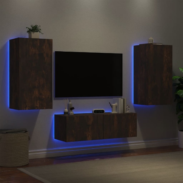 Mobili TV a Muro 3pz con Luci LED Rovere Fumo