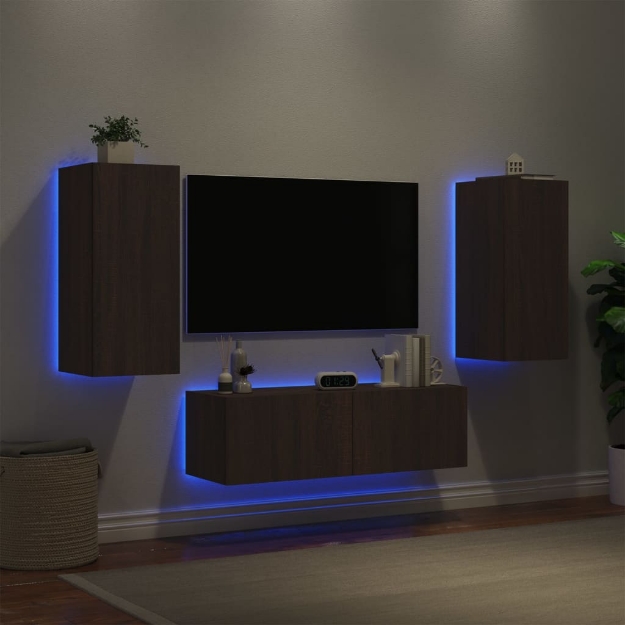 Mobili TV a Muro 3pz con Luci LED Rovere Marrone