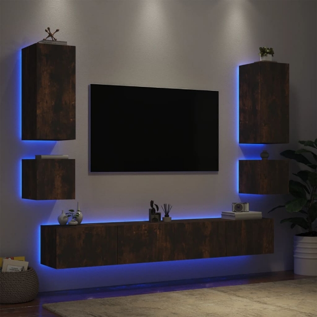 Mobili TV a Muro 6pz con Luci LED Rovere Fumo