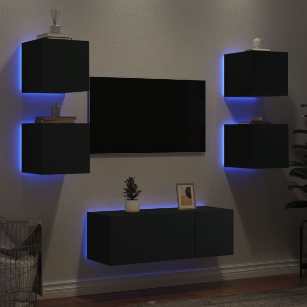 Mobili TV a Muro con LED 6pz Neri in Legno Multistrato