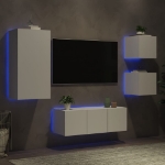 Mobili TV a Muro con LED 5pz Bianchi in Legno Multistrato