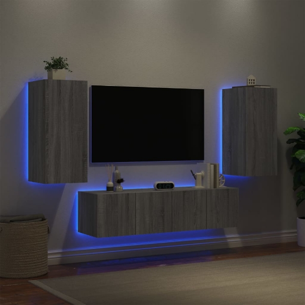 Mobili TV a Muro con LED 4pz Grigio Sonoma in Legno Multistrato