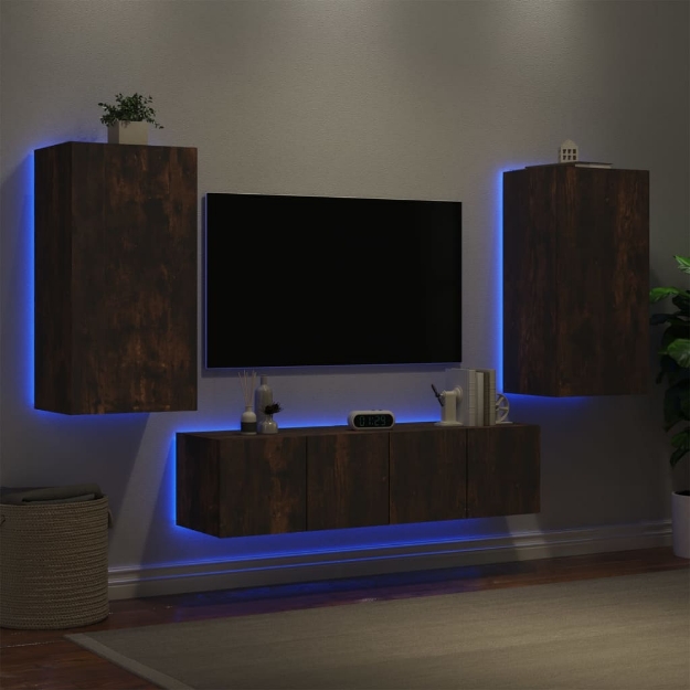 Mobili TV a Muro con LED 4pz Rovere Fumo in Legno Multistrato