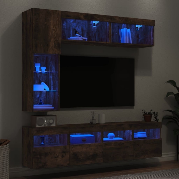 Set Mobili TV a Muro 7 pz con Luci LED Rovere Fumo