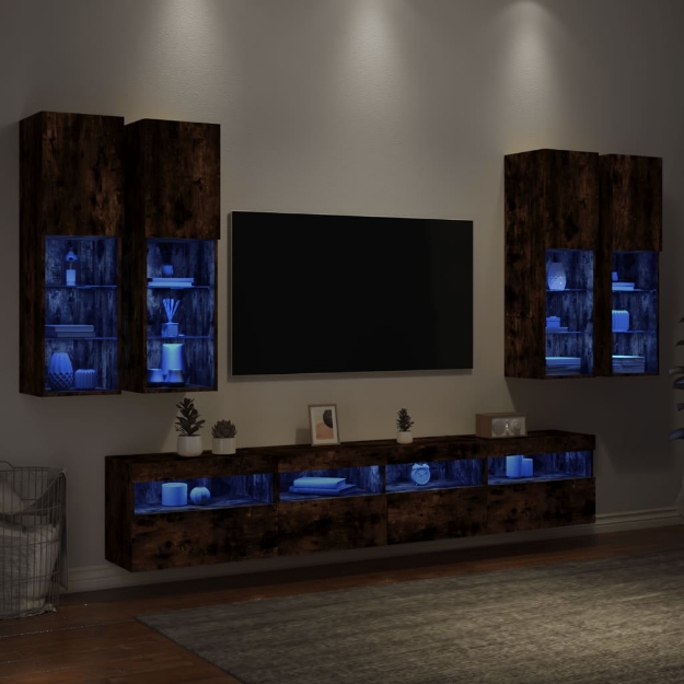 Set Mobili TV a Muro 7 pz con Luci LED Rovere Fumo