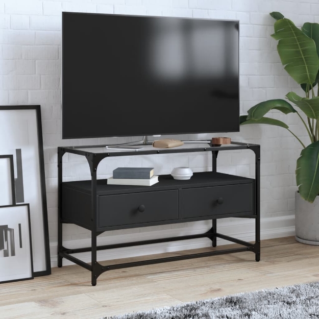 Mobile TV con Piano in Vetro Nero 80x35x51 cm Legno Multistrato