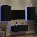 Mobili TV a Muro con LED 4pz Neri in Legno Multistrato