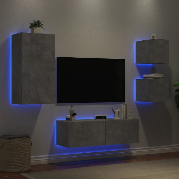 Mobili TV a Muro 4pz con Luci LED Grigio Cemento