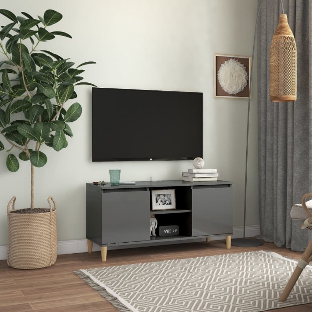 Mobile TV Gambe in Legno Massello Grigio Lucido 103,5x30x50 cm