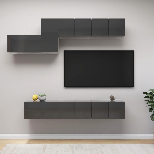 Set Mobili TV 7 pz Grigio Lucido in Legno Multistrato