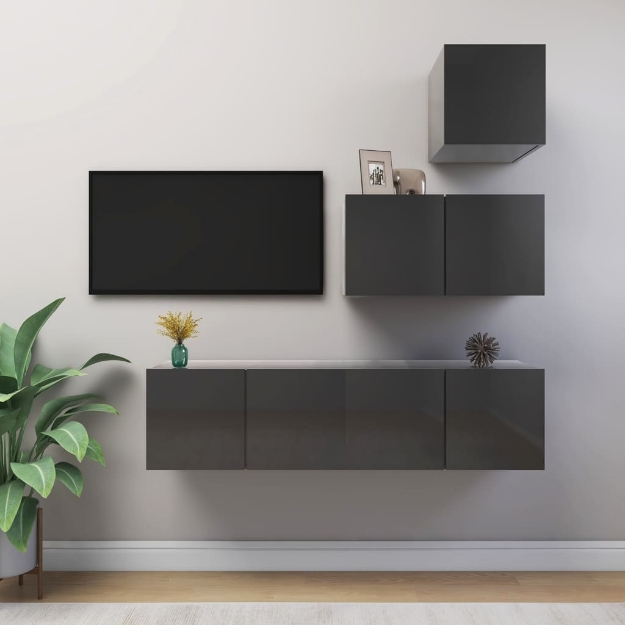 Set Mobili TV 4 pz Grigio Lucido in Legno Multistrato